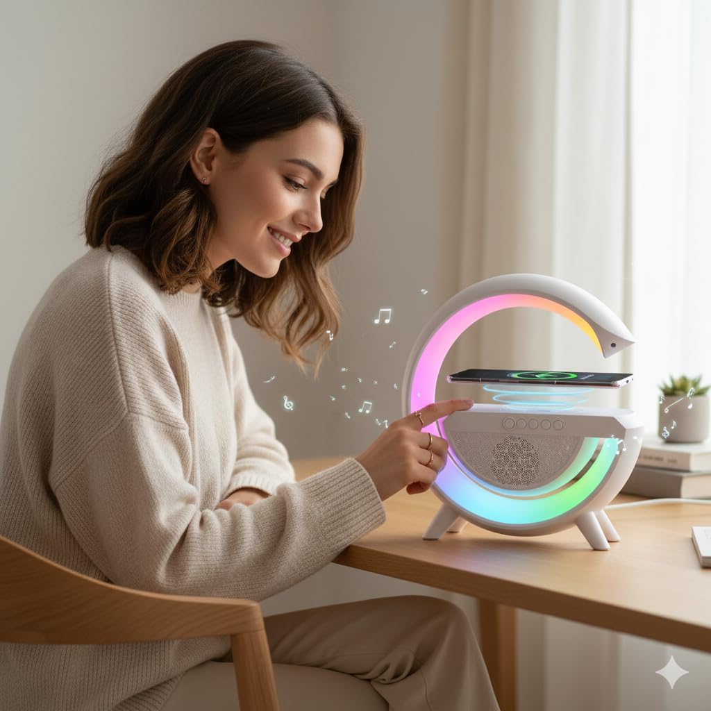 3-in-1 Multi-Function LED Night Lamp with Bluetooth Speaker, Wireless Charging, for Bedroom for Music, Party, and Mood Lighting Multicolor (Pack of 1)