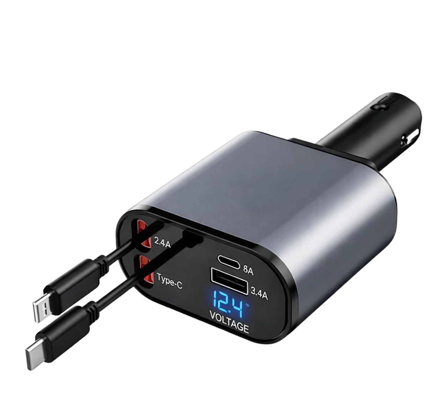 Smart 120W 4-in-1 Retractable Car Charger USB Type-C Hub | PD 3.1 Technology QC5.0 Use for Organized Car Charging (Grey)