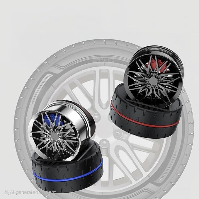 Premium Car Dashboard Air Freshener, Black Alloy Wheel Design, Solar Powered Rotating Fragrance Diffuser with Tire Shape Base Random color