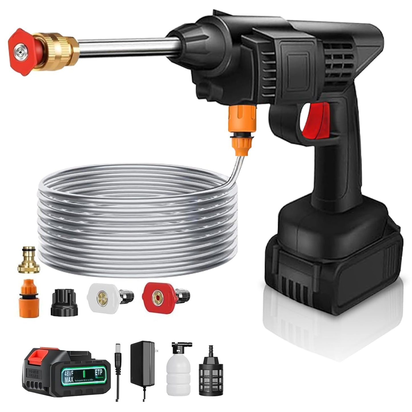 Wireless High Pressure Car Washer&Car Cleaning 48V Rechargeable Electric Pressure Washer Gun Machine Tool for Car,Bike,Gardening with Adjustable 3in1 Nozzle&5M Hose Pipe-* (1)