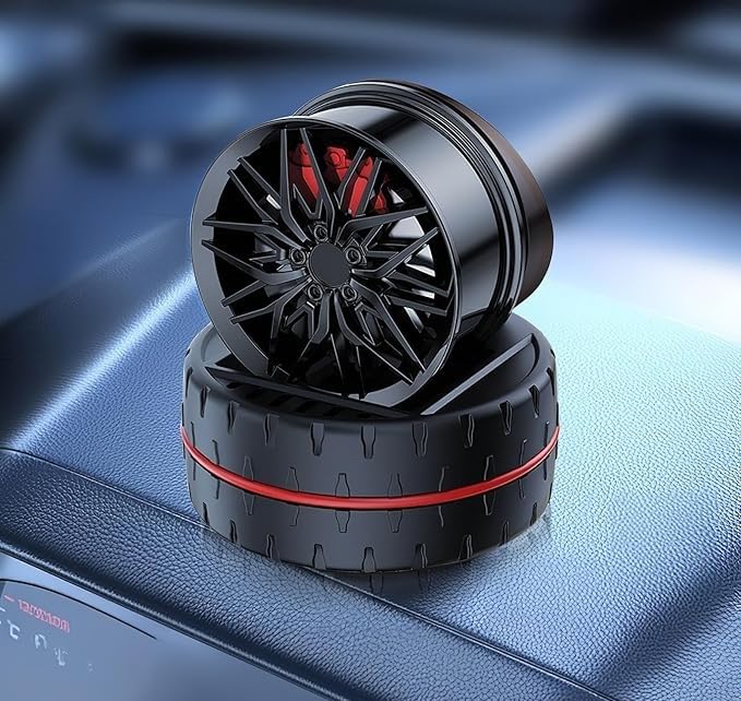 Premium Car Dashboard Air Freshener, Black Alloy Wheel Design, Solar Powered Rotating Fragrance Diffuser with Tire Shape Base Random color