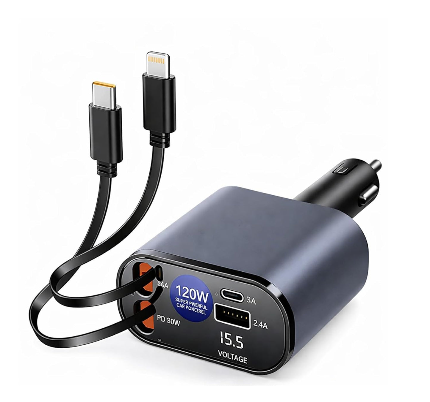 Smart 120W 4-in-1 Retractable Car Charger USB Type-C Hub | PD 3.1 Technology QC5.0 Use for Organized Car Charging (Grey)
