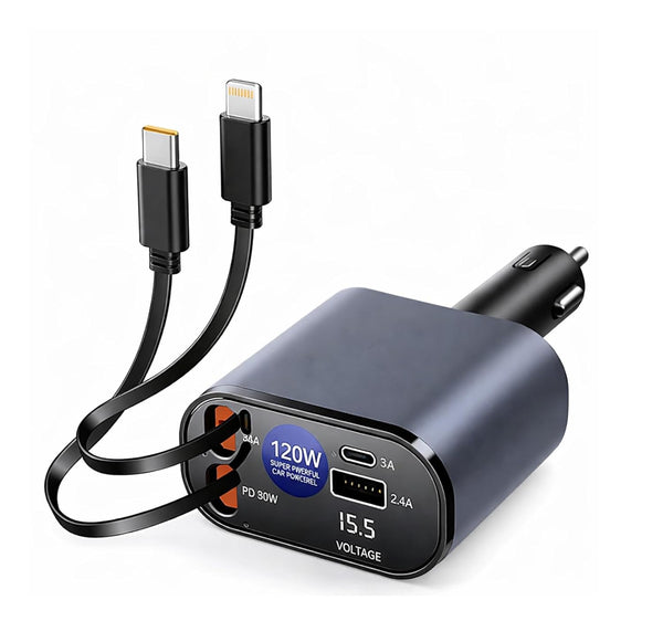 Smart 120W 4-in-1 Retractable Car Charger USB Type-C Hub | PD 3.1 Technology QC5.0 Use for Organized Car Charging (Grey)