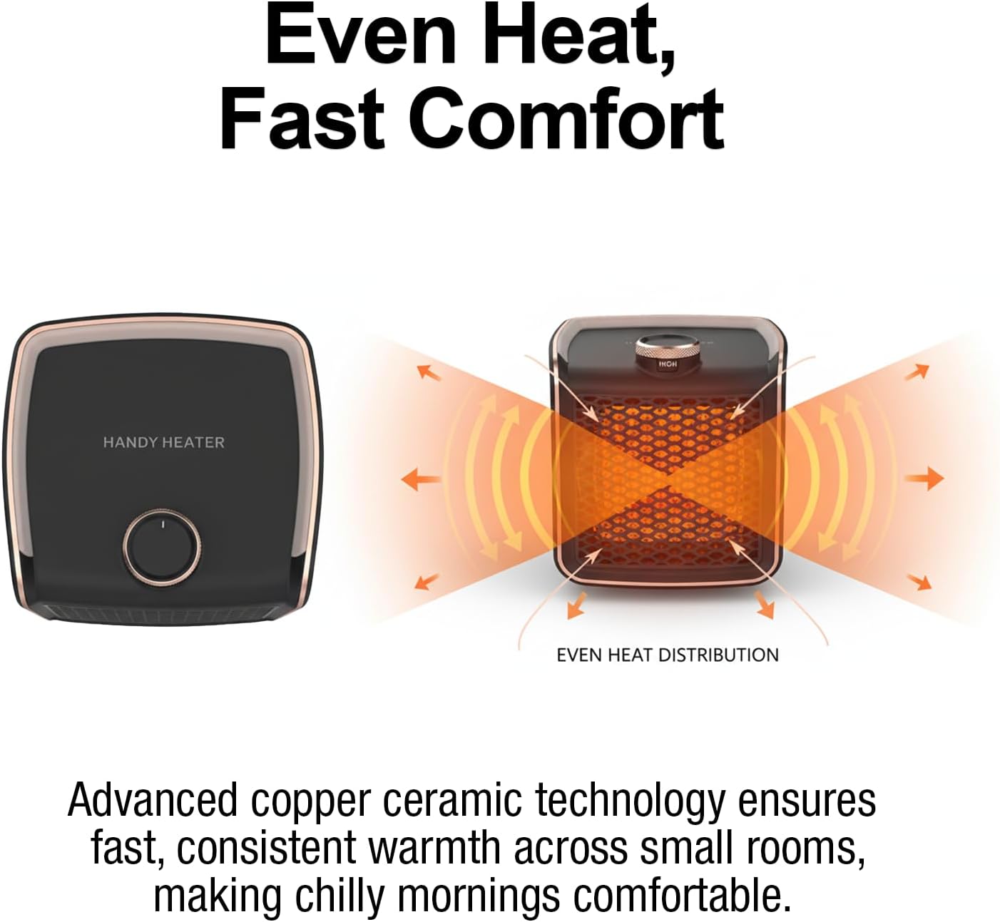 Handy Heater Instant Heat - Copper Infused Ceramic Technology Space Heater, 1200 Watts, Portable Heater for Office, Bedroom or Any Indoor Space, Adjustable Heat, Quiet & Cordless Personal Heater