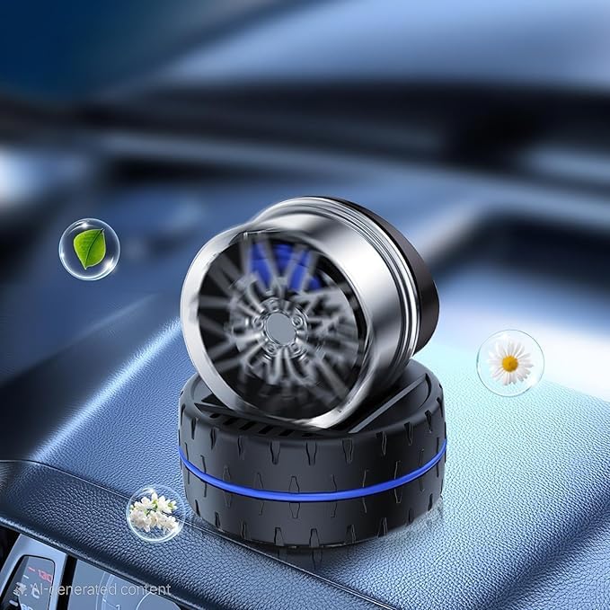 Premium Car Dashboard Air Freshener, Black Alloy Wheel Design, Solar Powered Rotating Fragrance Diffuser with Tire Shape Base Random color