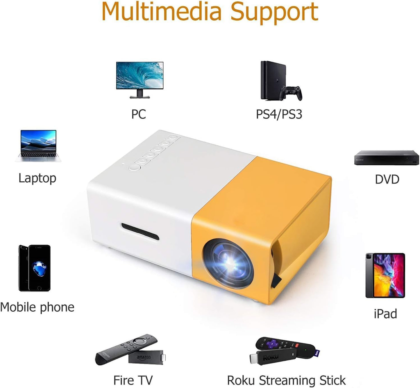 400Lm Portable Mini Home Theater Led Projector With Remote Controller,Support Hdmi,Av,Sd,Usb Interfaces,Yellow