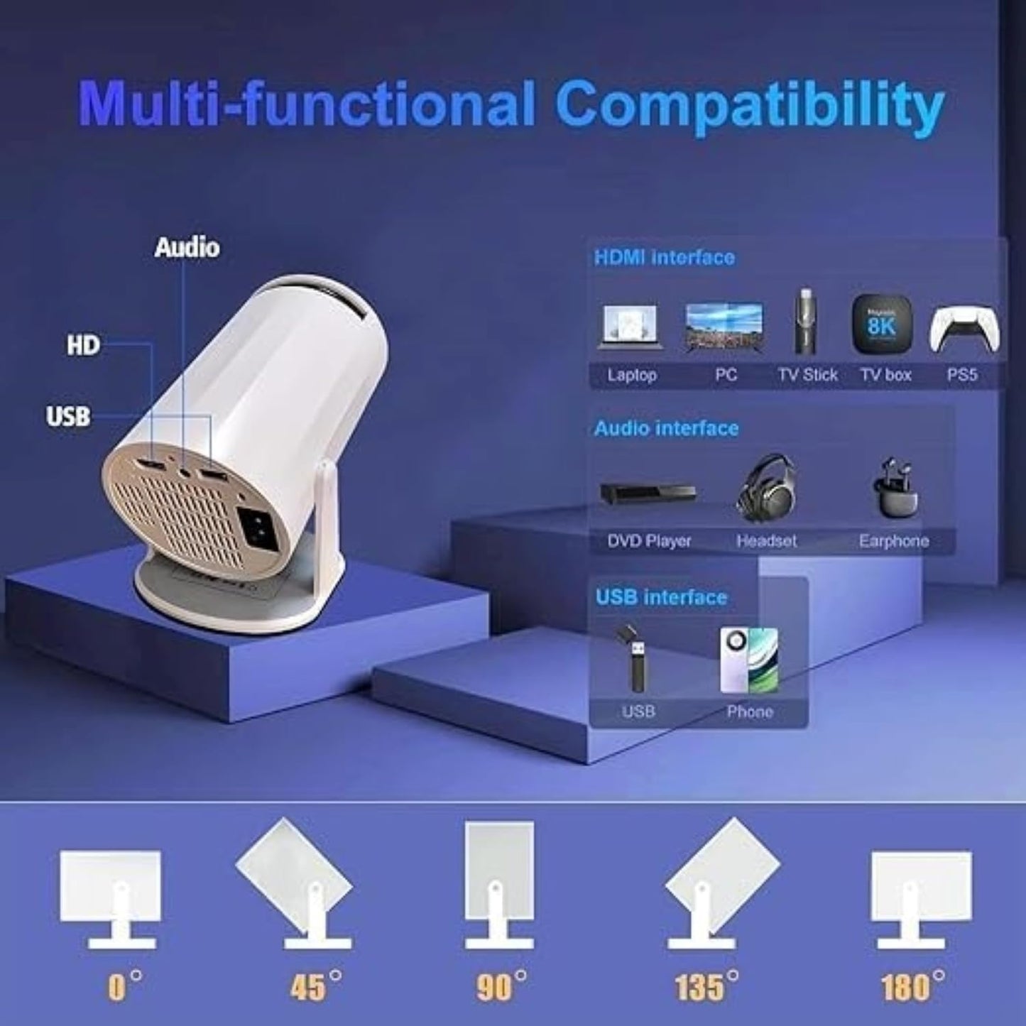 Smart Projector with Android 11 HD Projector 1080P 4K WiFi6 BT Home Theater Video Projector 180° Rotatable Stand Car Keystone Correction for Mobile Phone TV Stick for Kids and Adults.PI5