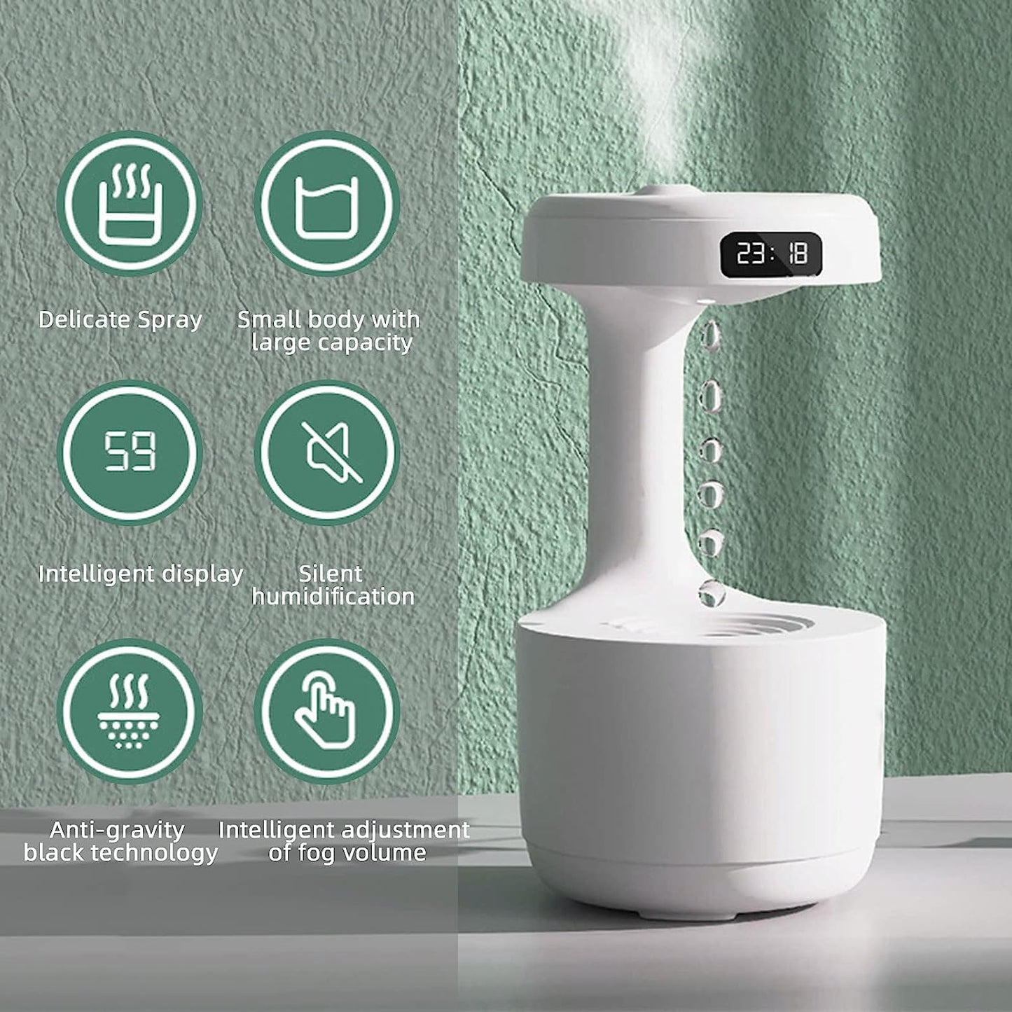 Anti Gravity Air Humidifier Anti-Gravity Water Droplet Humidifier Creative Air Aromatherapy Led Display Shutdown Protection Light Mode for Home Bedroom Office (white)