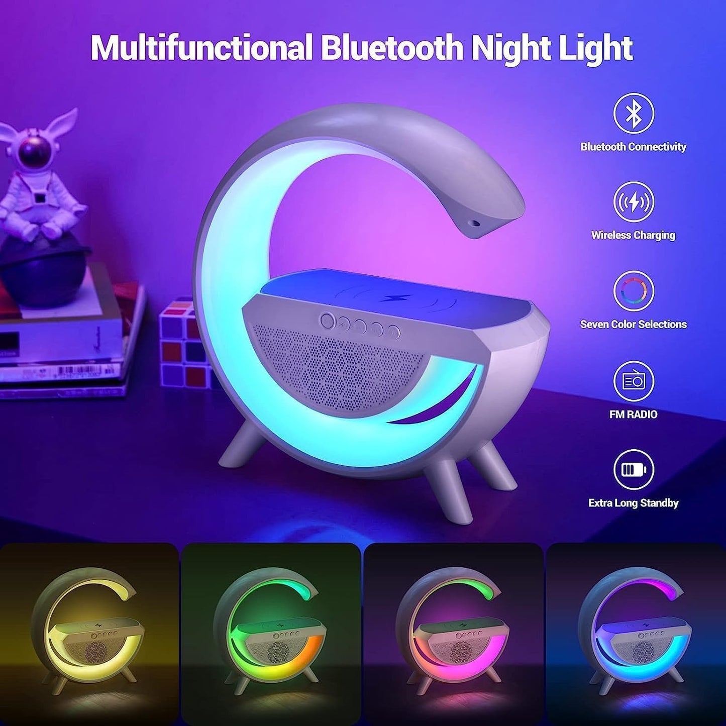 3-in-1 Multi-Function LED Night Lamp with Bluetooth Speaker, Wireless Charging, for Bedroom for Music, Party, and Mood Lighting Multicolor (Pack of 1)