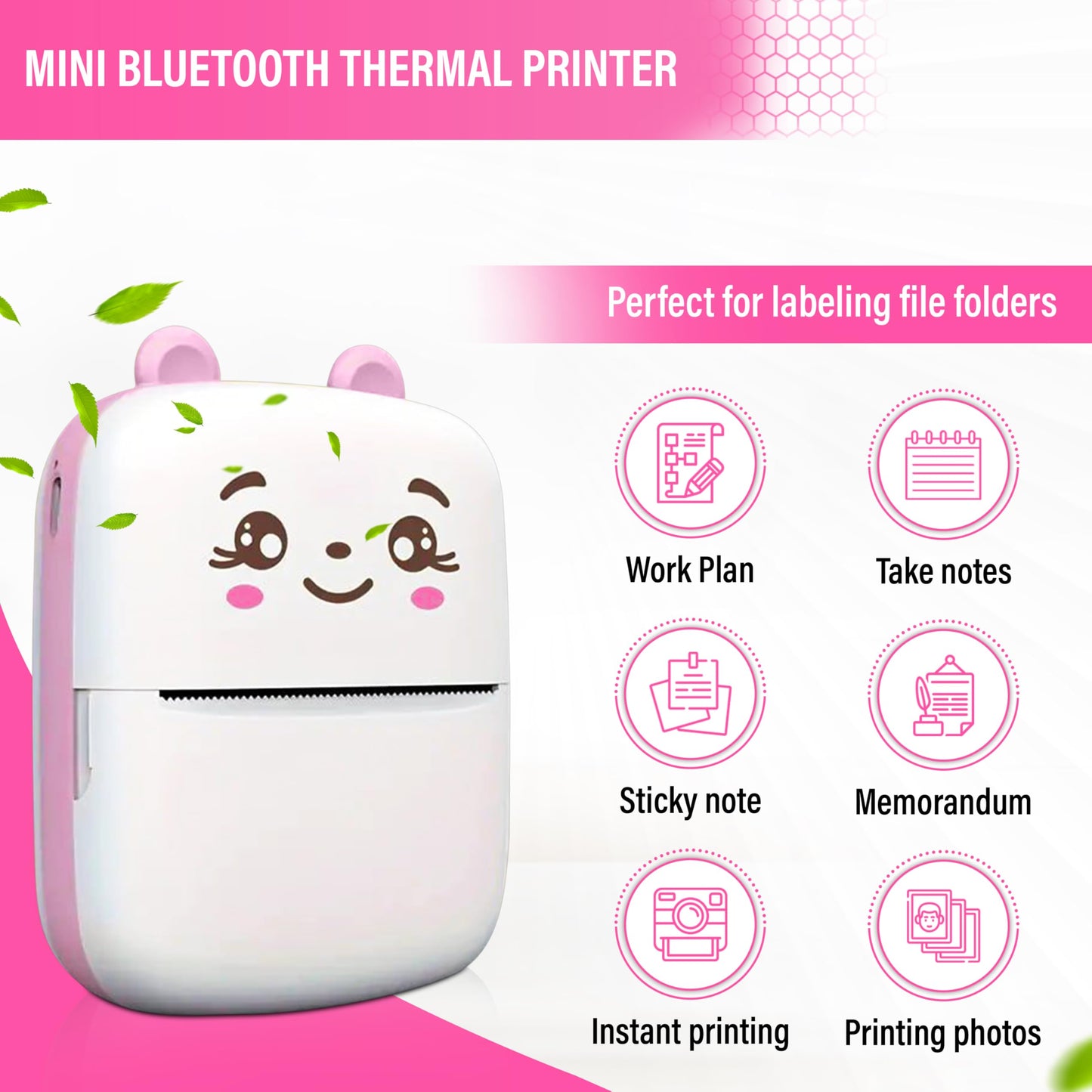 Kravit Bluetooth Mini Printer for Students | Inkless Wireless Thermal Printer (Black & White) | Portable Wireless Mini Printer for Mobile | Black & White and Color Printing (Pink)