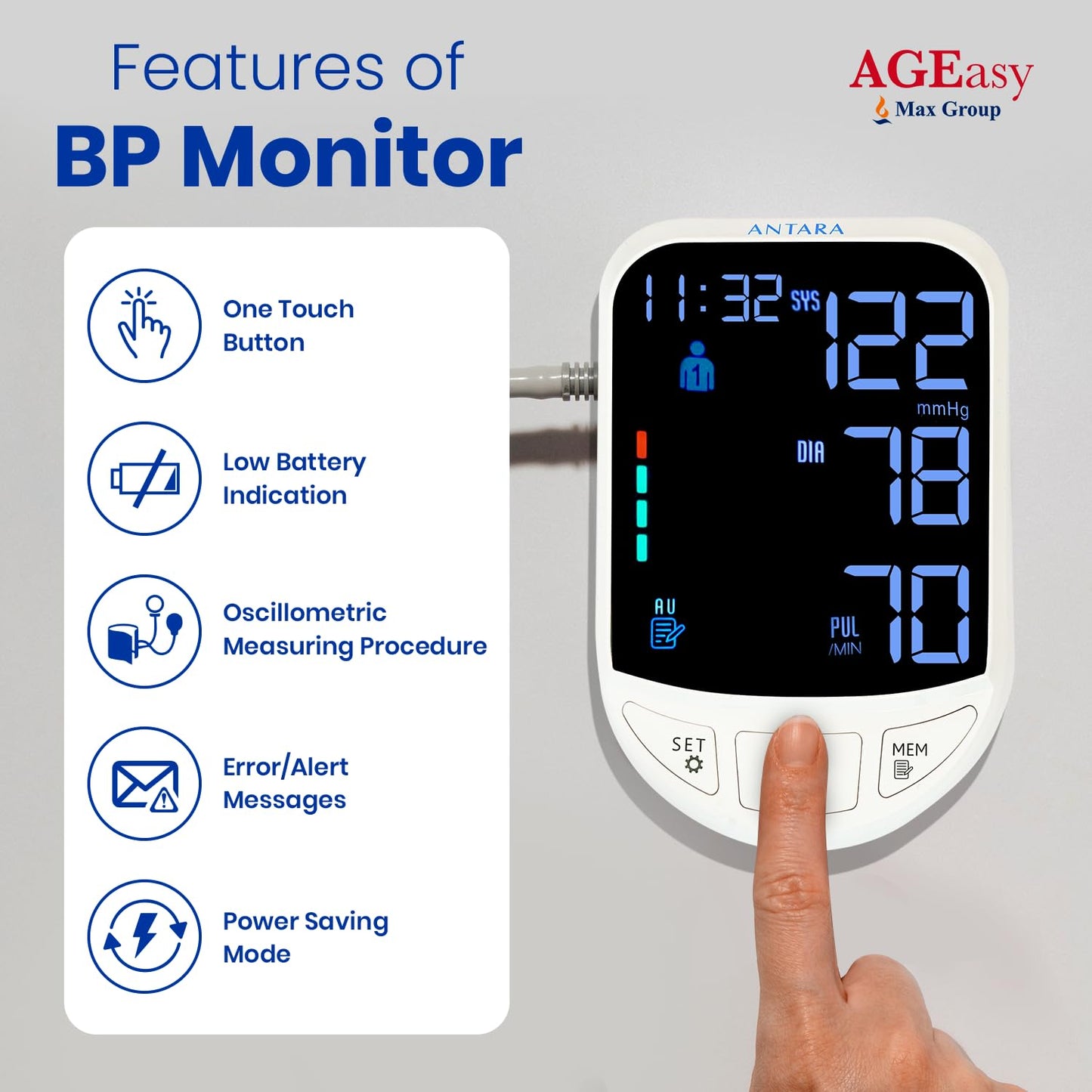 AGEasy (Max Group) 4.7" LED Display Fully Automatic Digital Blood Pressure Monitoring Device | BP Apparatus for Home | Portable & High Accuracy BP Check Machine for Hypertension & Managing Heart Health | Arm Circumference (22-42 cm) | 2 Year Warranty