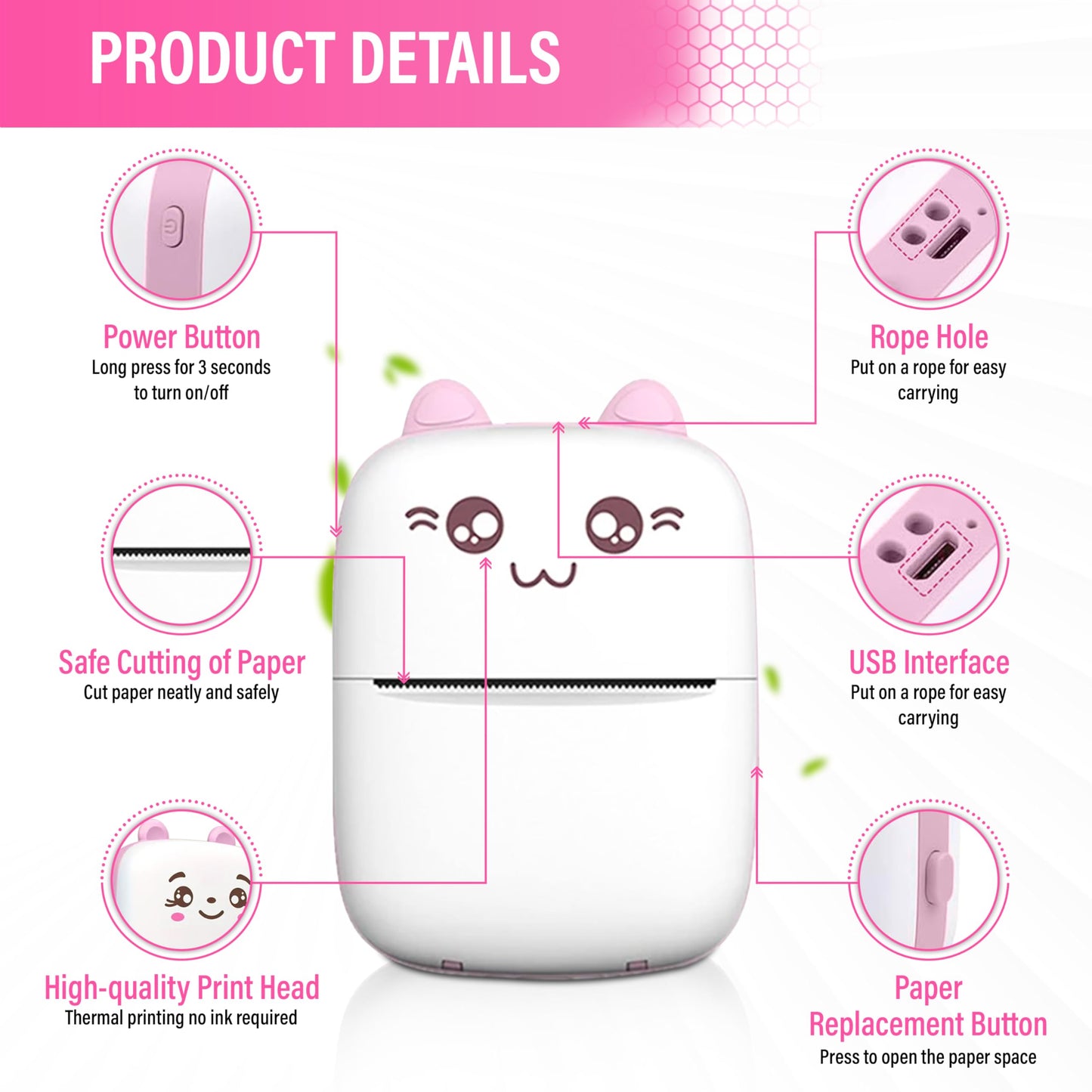 Kravit Bluetooth Mini Printer for Students | Inkless Wireless Thermal Printer (Black & White) | Portable Wireless Mini Printer for Mobile | Black & White and Color Printing (Pink)