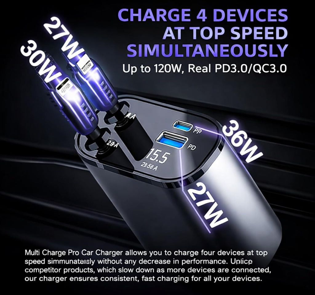 Smart 120W 4-in-1 Retractable Car Charger