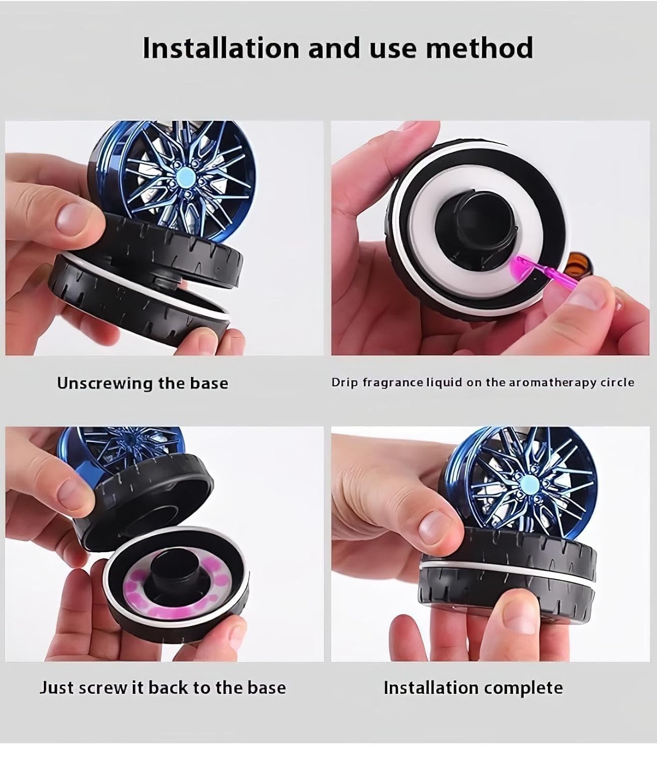 Premium Car Dashboard Air Freshener, Black Alloy Wheel Design, Solar Powered Rotating Fragrance Diffuser with Tire Shape Base Random color