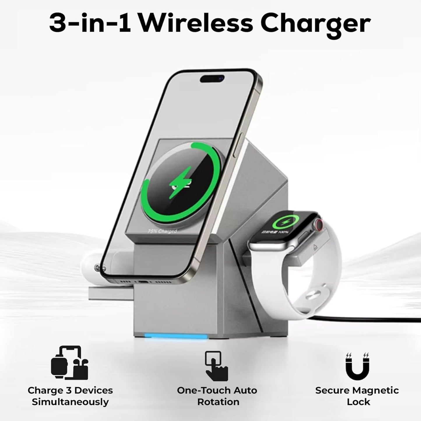 Qi2 Certified 3-in-1 Magnetic Mag-Safe Wireless Charging Station with One-Touch Auto Rotation and Fast Charging Compatible with iPhone Series 17-12, iWatch Ultra/SE2/SE/10-1 & Airpods Pro, 3/2