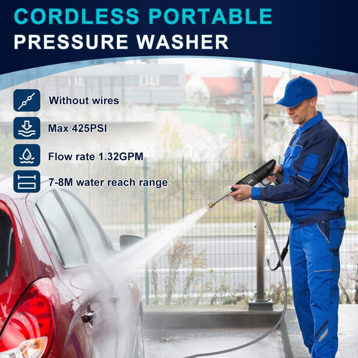 Wireless High Pressure Car Washer&Car Cleaning 48V Rechargeable Electric Pressure Washer Gun Machine Tool for Car,Bike,Gardening with Adjustable 3in1 Nozzle&5M Hose Pipe-* (1)