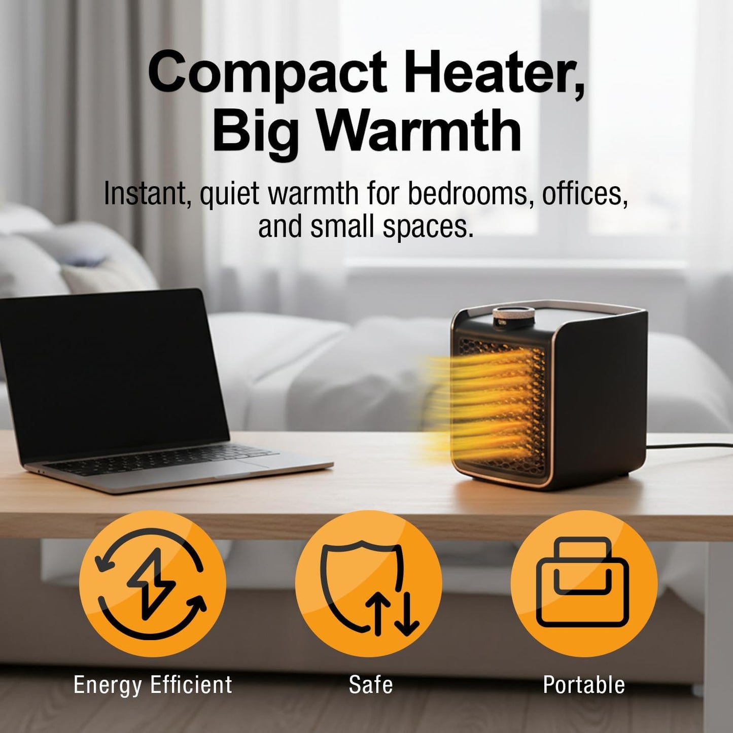 Handy Heater Instant Heat - Copper Infused Ceramic Technology Space Heater, 1200 Watts, Portable Heater for Office, Bedroom or Any Indoor Space, Adjustable Heat, Quiet & Cordless Personal Heater