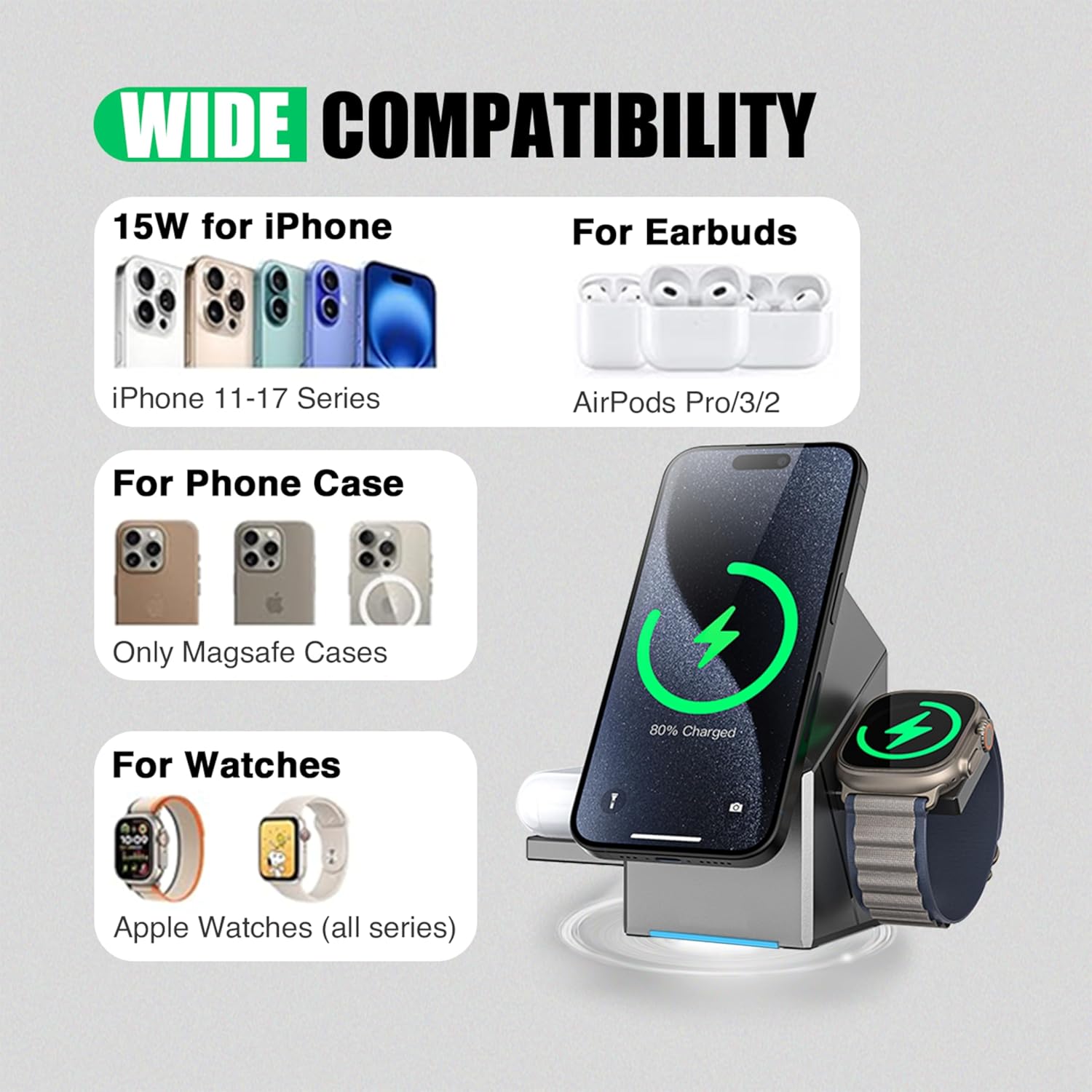 Qi2 Certified 3-in-1 Magnetic Mag-Safe Wireless Charging