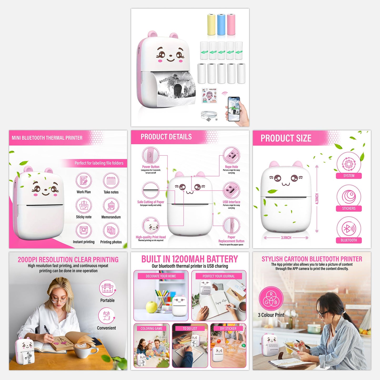 Kravit Bluetooth Mini Printer for Students | Inkless Wireless Thermal Printer (Black & White) | Portable Wireless Mini Printer for Mobile | Black & White and Color Printing (Pink)
