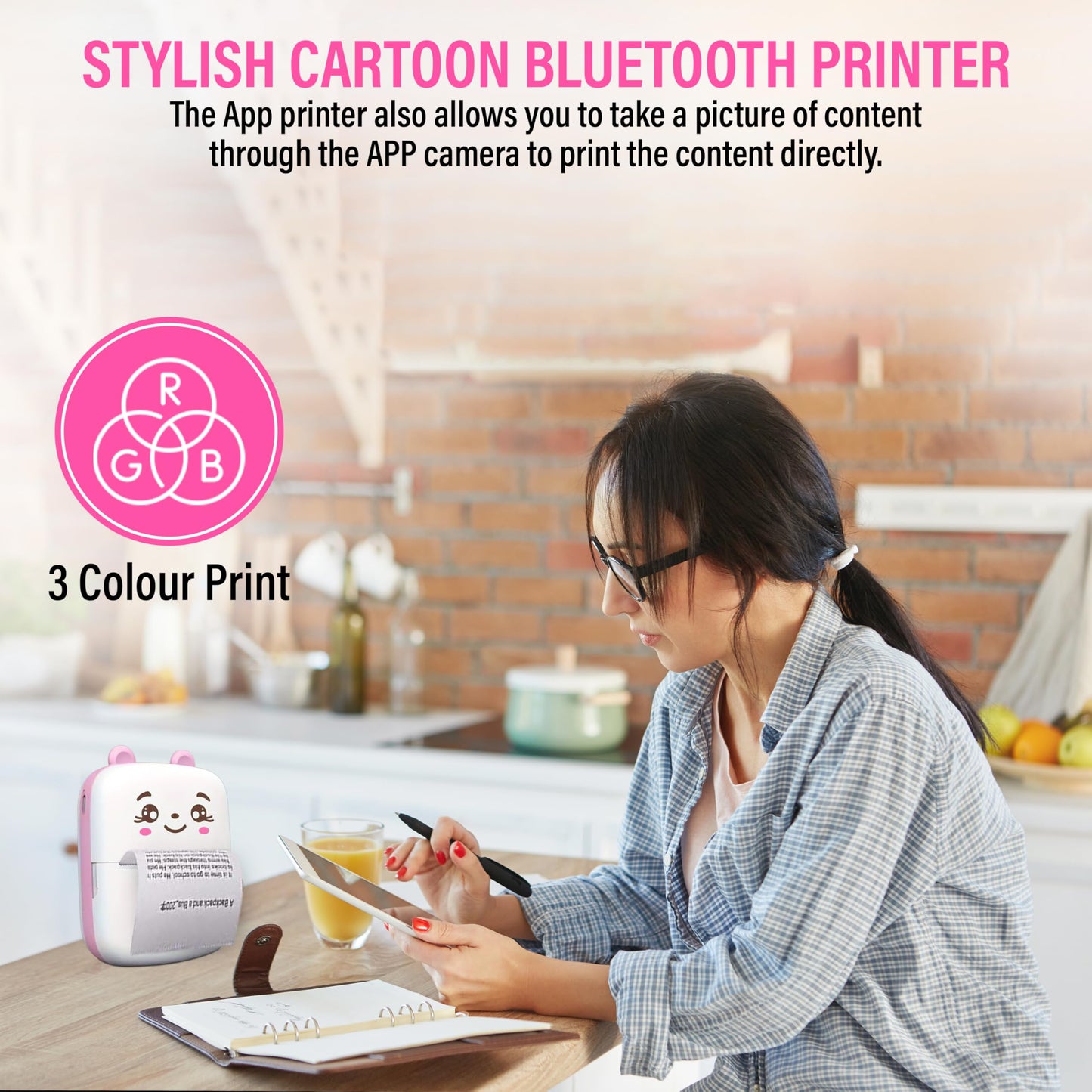 Kravit Bluetooth Mini Printer for Students | Inkless Wireless Thermal Printer (Black & White) | Portable Wireless Mini Printer for Mobile | Black & White and Color Printing (Pink)