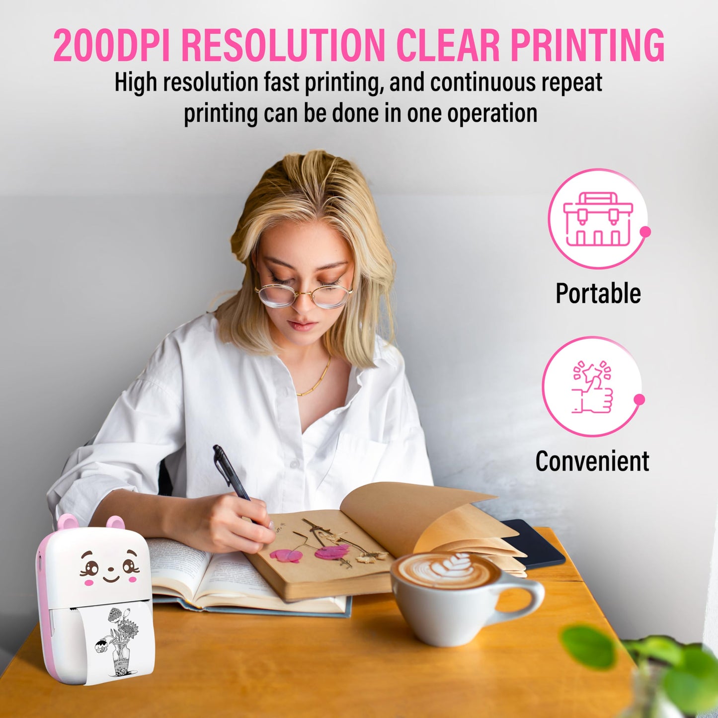 Kravit Bluetooth Mini Printer for Students | Inkless Wireless Thermal Printer (Black & White) | Portable Wireless Mini Printer for Mobile | Black & White and Color Printing (Pink)