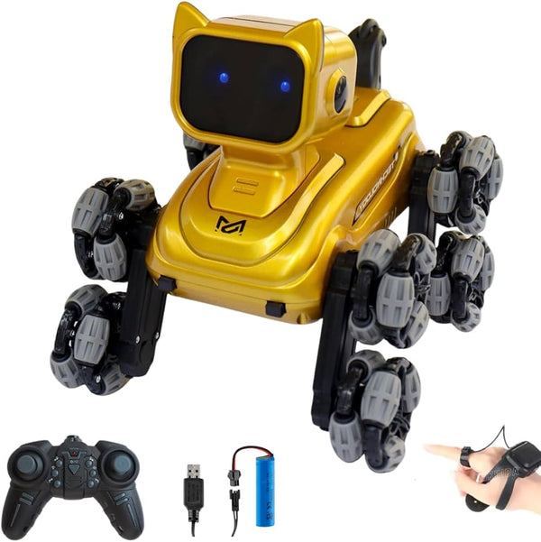 VikriDA 8WD Gesture Sensor RC Stunt Car – Remote Control 8-Wheel Robot Vehicle with Lights & Music – Hand Control Drift Car Toy - Gold